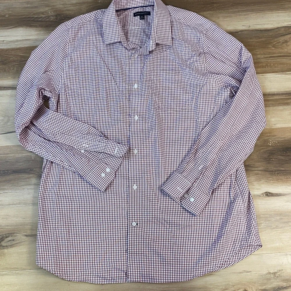 Banana Republic Button Up Shirt Men XXL Gingham 100% Cotton Classic Burgundy